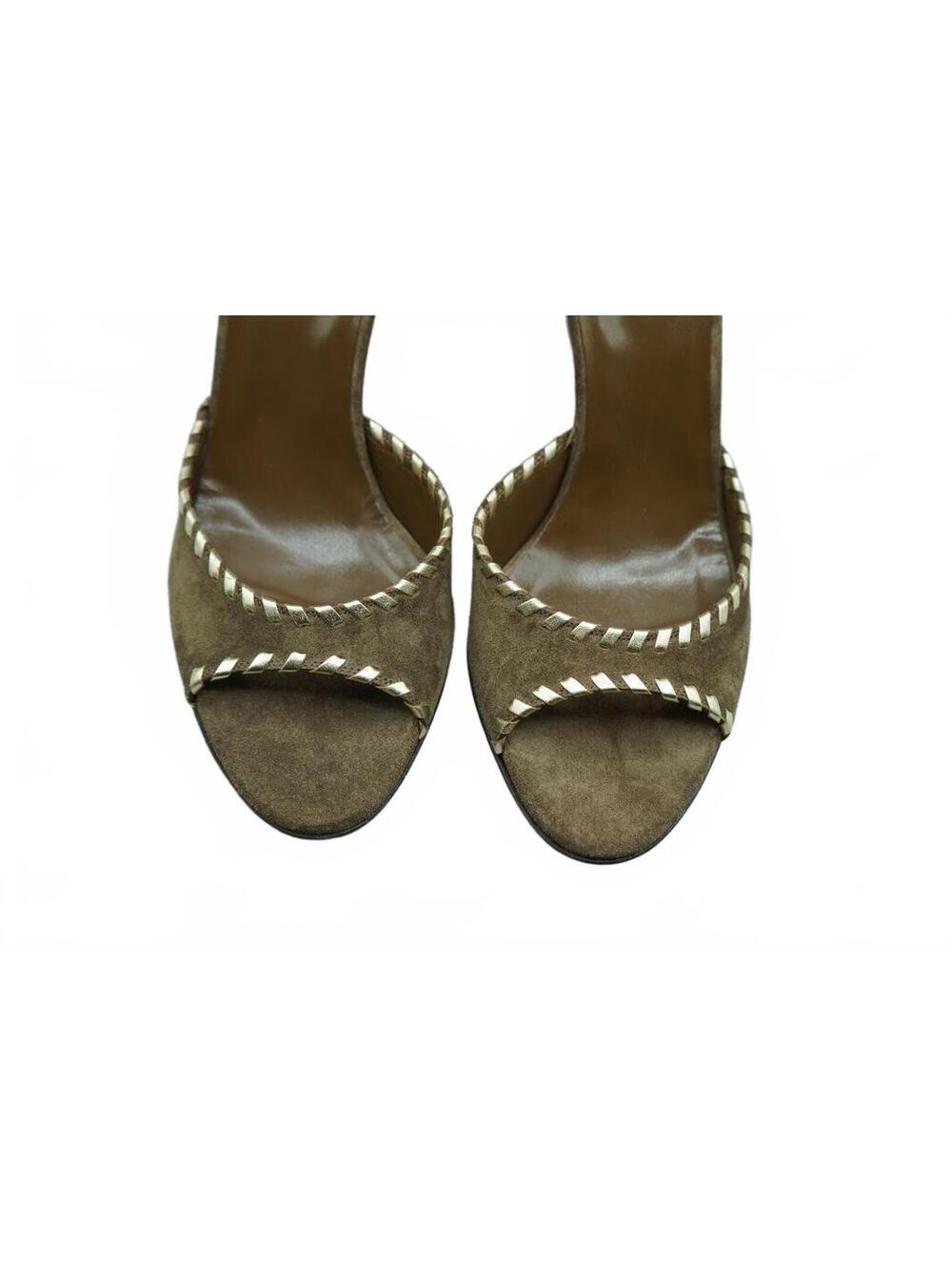 Vintage Gucci Suede Wedge Sandals Peep Toe Gold Whipstitch Ankle Strap Sz 9 B - Picture 7 of 9